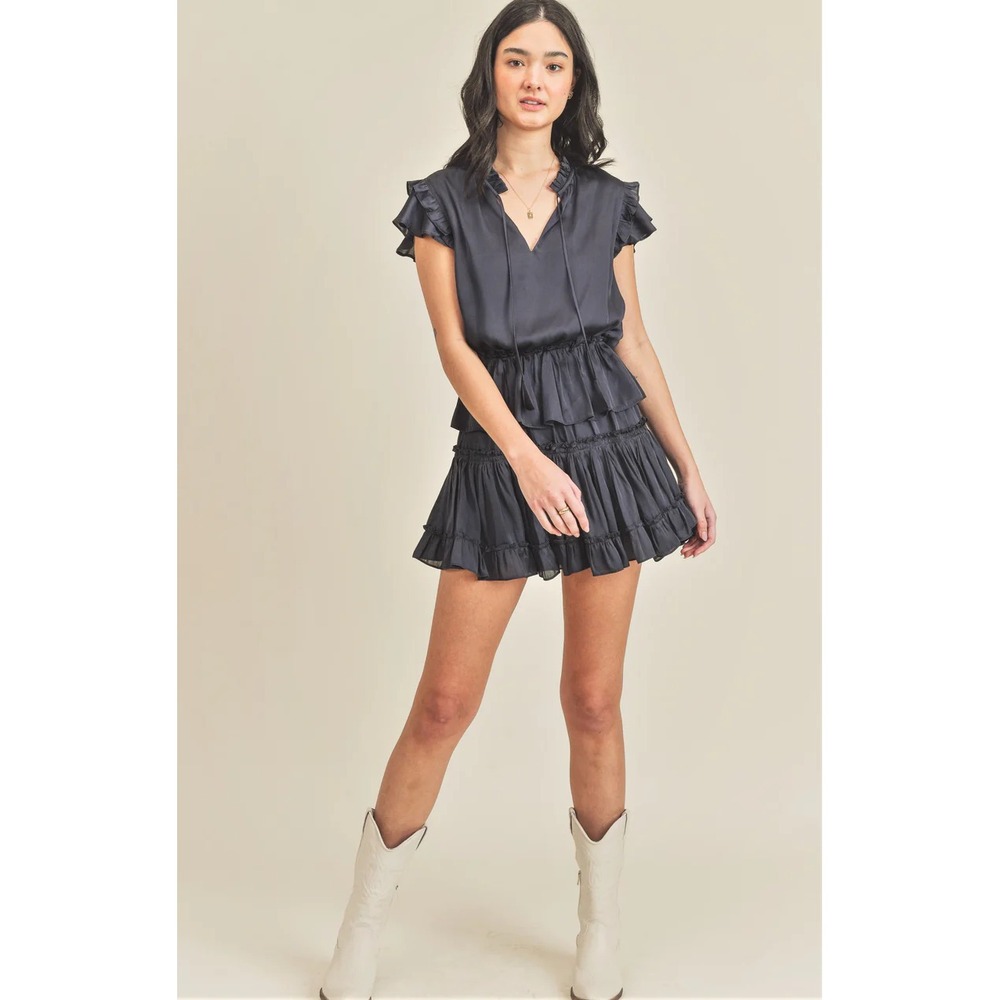 RESET BY JANE Sz M Claire Ruffle Tiered Mini Dress Satin Tie Neck Navy Blue Boho